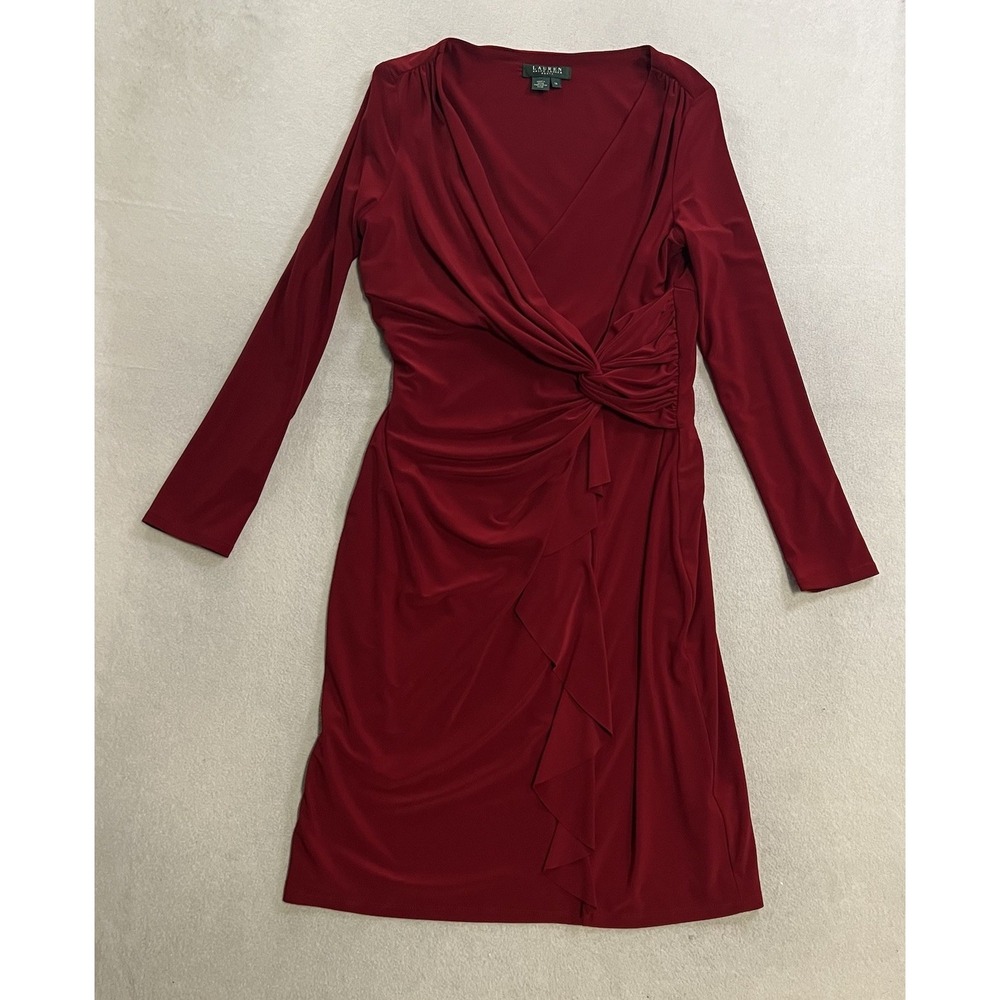 Lauren Ralph Lauren Red Long-Sleeve Bodycon Midi Wrap Dress Women's Size 14